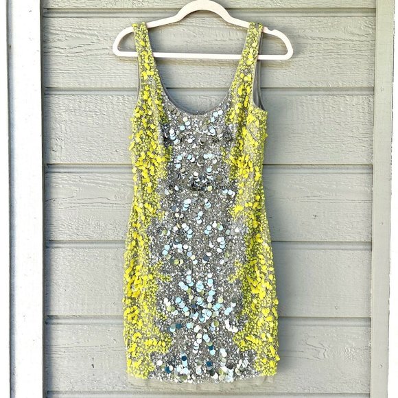 Aidan Mattox Yellow and Silver Sequin Mini Dress - Picture 1 of 10